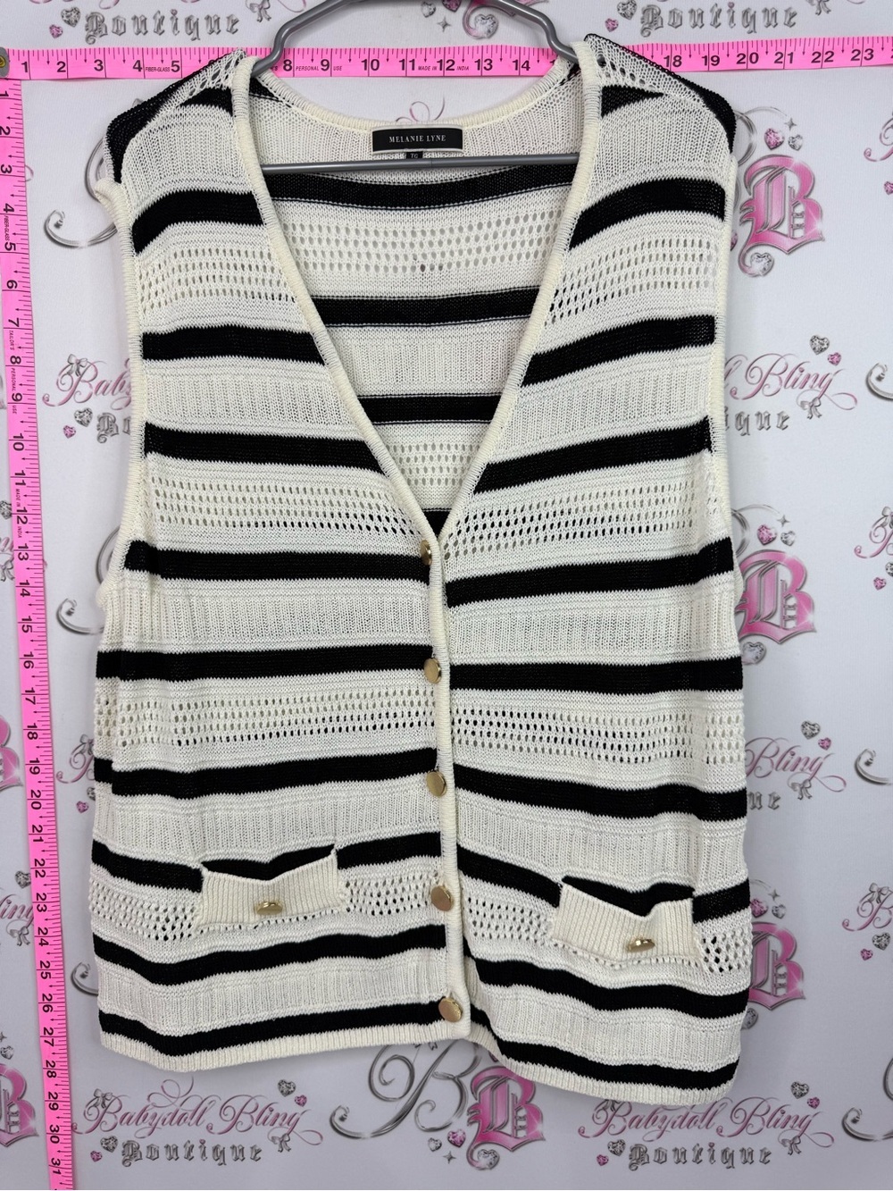 Mellanee Lyne vest cardigan Black navy & Cream Striped Knit Sleeveless Cardigan